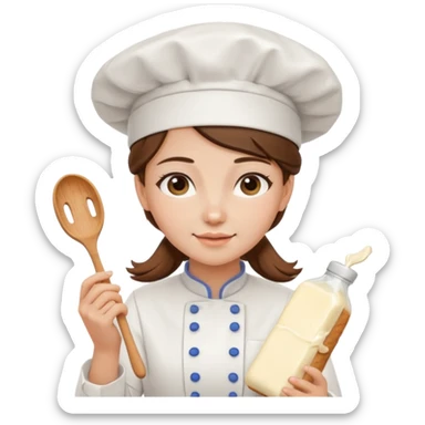 Young female baker - white chef hat, holding cream piping bag to milk oil on bread sticker