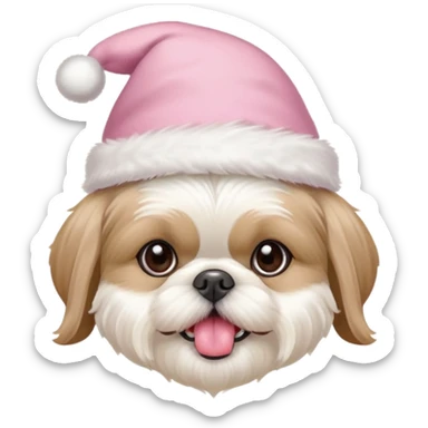 one white all over little shih tzu dog with tongue hanging out sitting with light pink christmas hat sticker