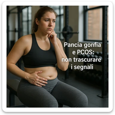 woman in sportswear sitting on a gym bench, hand on bloated belly, thoughtful expression, Italian text: 'Pancia gonfia e PCOS: non trascurare i segnali', 4K quality sticker