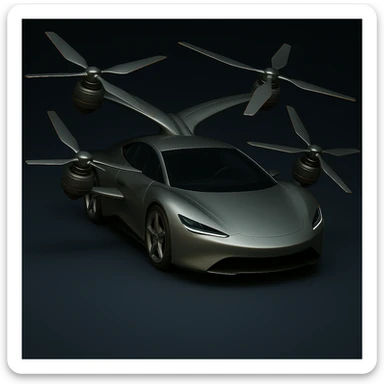 Redesign the car to have a more aerodynamic, streamlined shape inspired by high-speed electric vehicles and aircraft. Keep the two wings on top, two on the sides, propellers on all wings, wheels, and metallic photorealistic finish. Remove any boxy or bulky features for a smooth, flowing look. Maintain a photorealistic style. sticker