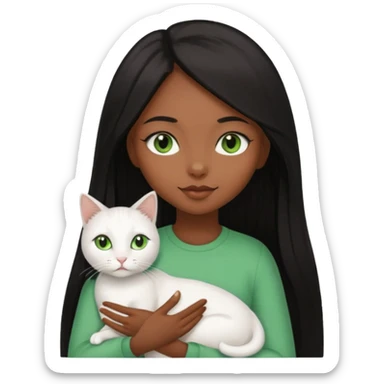 black girl with brown eyes with straight long black hair with a side part.  holding a female white cat. the cat has green eyes sticker