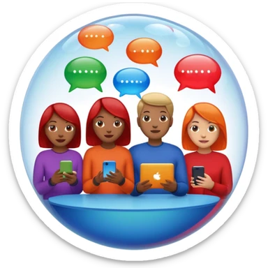 A group of people inside a separate colorful transparent bubble (blue, red, green, orange). They are each holding a smartphone or laptop. the bubbles are slightly overlapping, creating a modern and minimalist look. Realistic emoji style. sticker