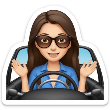 Brunette long hair driving car like crazy. Happy face confidence  sticker