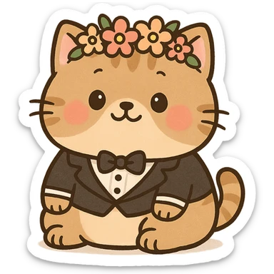 A chubby kitten wearing a tiny tuxedo and a flower crown, in a cute cartoon style sticker