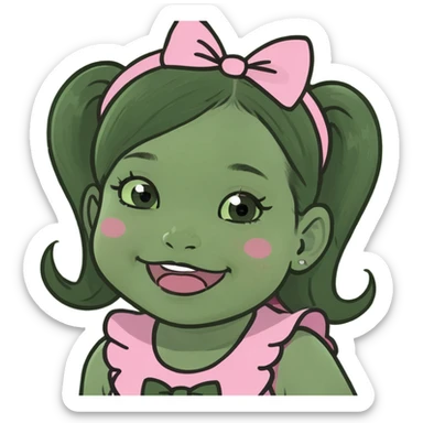 Baby girl with black hair and pigtails wearing pink bows with stars in the middle rosy cheeks and closed mouth smile  sticker