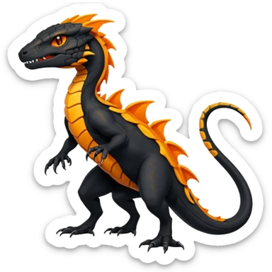 Magmatic fiery badass cool obsidian-Black and golden-orange Helioptile-Amaura-Salandit-Fakémon-hybrid-creature (full body)  sticker