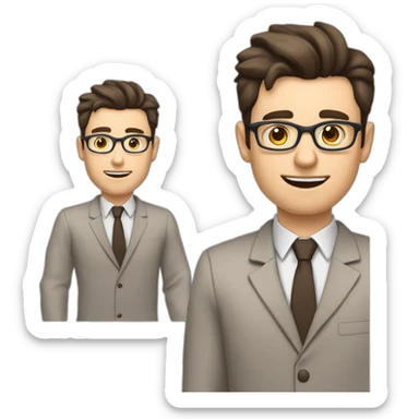 Pale skinned fit man with dark brown hair in gray jacket, beige office shirt, brown tie, brown pants and vintage glasses Writing on the flipchart sticker