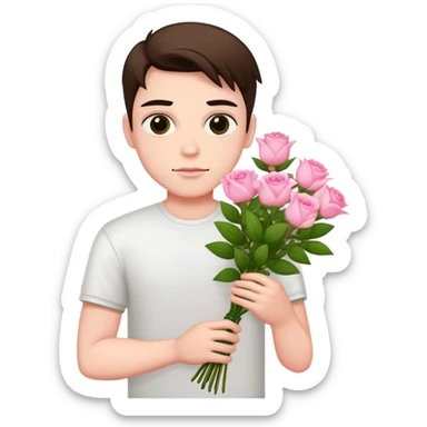A cool bad boy with fair skin holding a bouquet of pink jasmine roses sticker