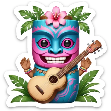 Pixar style little Blue and pink tiki singing with bongos and tropical flowers, ultra detailed and lifelike imagery, realistic sticker