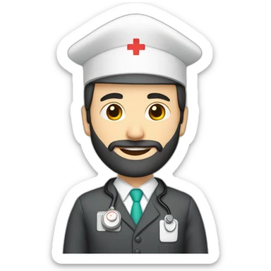 husband middle age trimmed beard dark business suit, with wife asian age 55 dark hair nurse uniform nurse cap sticker