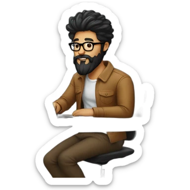 Designer with black hair, beard and glasses working with MacBook and drinking cappuccino  sticker
