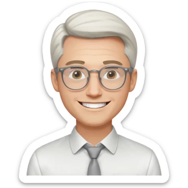 30 yr old pale white man, white/grey side swept stylish hair, round glasses, big smile, white teeth, handsome, longer hair, thin glasses, white dress shirt, smooth forehead, botox, no tie, open collar sticker