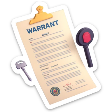 Make the paper of the 3D arrest warrant document icon more white, keeping the large 'WARRANT' at the top, body text, signature, and official stamp at the bottom. Maintain the 3D, icon style with bright lighting and transparent background. sticker