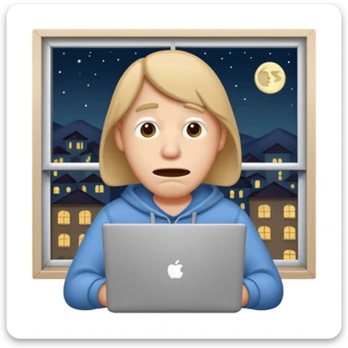 tired student with laptop, window at night behind, droopy mouth sticker