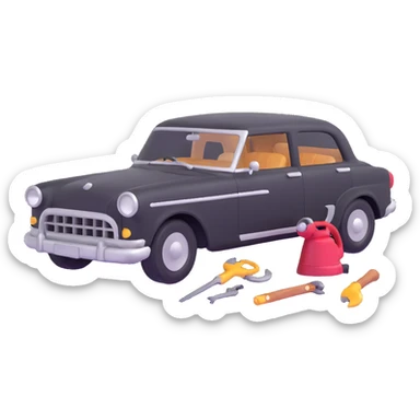 elegant car with a visible dent and dent repair tools like a lever and small hammer for Paintless Dent Repair (PDR) sticker