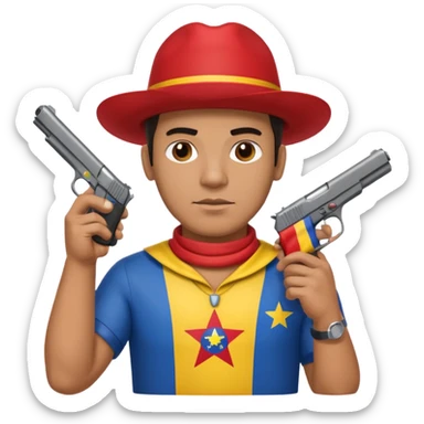 A Venezuelan with the Venezuela flag around his neck holding a gun tap sticker