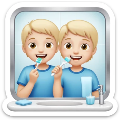 child brushing teeth in front of a bathroom mirror, cheerful expression sticker