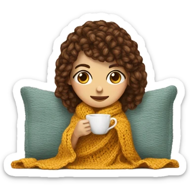 Young woman with brown way hair and bangs who crochets on the sofà with a blanket on herself. Near her there is a cup of tea  sticker