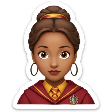 Angelina Johnson in harry potter, wear hogwarts gryfindor uniform,  thick, brown bun hair , reflecting her bold, stylish, and strong personality sticker