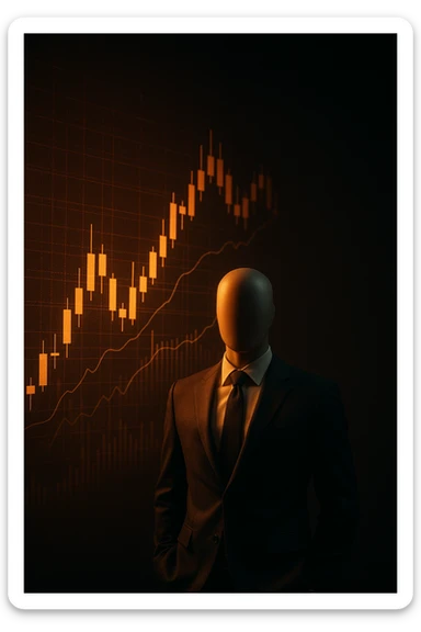 Cinematic 3D render of a faceless mannequin in a suit, standing in front of a giant glowing stock market graph (candlesticks, charts). Large empty wall space on the right for text overlay. Dramatic lighting, deep contrast, epic finance atmosphere. sticker