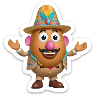 Create a 3D Pixar-style Mr. Potato Head character with a rounded, slightly uneven shape, expressive eyes, a wide smile, and cartoonish limbs, dressed in a colorful suit with intricate embroidery, a vibrant hat adorned with a feather sticker