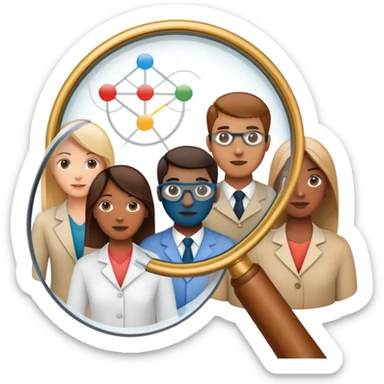 An icon featuring a group of diverse people, a social network diagram, and a magnifying glass, symbolizing sociology. The design includes charts and interconnected lines, representing the study of societies, relationships, and social behavior. Transparent background highlights social analysis. sticker