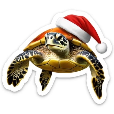 a sea turtle is swimming, smiling, wearing a santa hat, art, realistic art, white background, side view sticker
