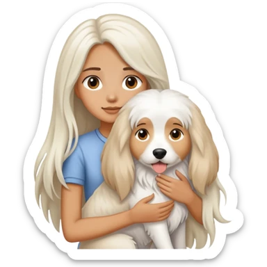 A long-haired girl is holding a big white long-haired dog sticker