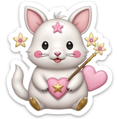 GENERATE ME A MOMONGA WHITE ANIMAL  FROM CHIIKAWA AND PUT A SAKURA FLOWER ON HIS HEAD AND A STAR PELT ON HIS BELLY AND A HEART PURSE ON HIS ARM WITH HIS FACE MAKE HIS TOUNGE STICK OUT WITH A LITTLEPINCH OFDROOL AND MAKE HIM ANIME sticker