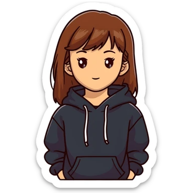 Light skinned girl with brown eyes, long brown hair with bangs, wearing a black sweatshirt sticker