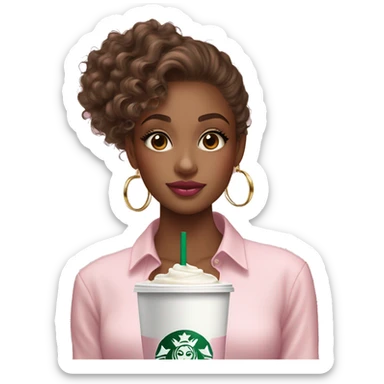 A tan girl with curly hair brown eyes long lashes pink glossy lips in a a white square line shirt a  small gold hoop earrings holding a Starbucks pink drink sticker