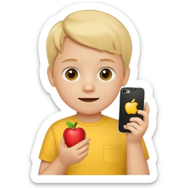 A little kid holding a phone, apple style emoji, wearing a yellow shirt. sticker