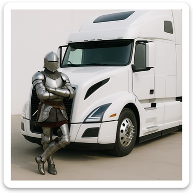 a knight leaning against a white 2022 Volvo semi sleeper truck, confident pose, modern, clean background sticker