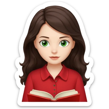 Long wavy dark brown haired, white skinned, dark green eyed girl in red blouse reading a book sticker