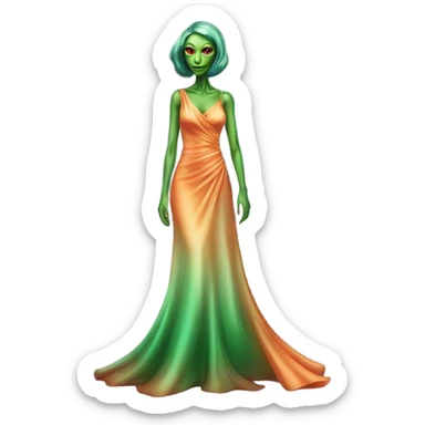 reptilian green alien woman, in long slim pastel orange formal party satin dress with gradient shiny sparkling dark red, full figure, full body sticker