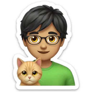 Boy green eyes, glasses, with black short hair, with orange Persian cat sticker