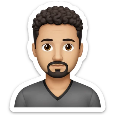 Latino man in his late 40s with light brown skin. Square face with defined jawline. Dark eyes with calm gaze. Short curly dark hair. Black goatee beard with some gray streaks. Wearing a black V-neck shirt. sticker