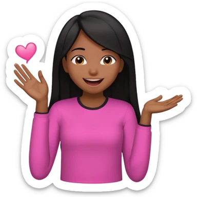 Chocolate brown girl wearing a pink shirt with long straight jet black hair giggling, she has one hand behind her back and one over her mouth  sticker