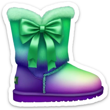 Realistic pair of green to purple ombre Ugg fur boots with silk ribbon bows. sticker