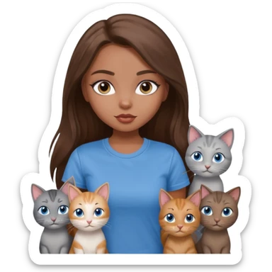 a pretty bratz dusky girl with long brown hair, blue eyes with six cats nd wearing a grey tshirt sticker