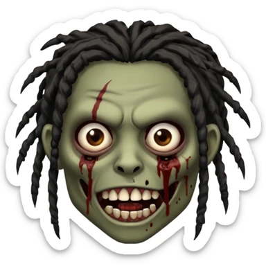 zombie with brown skin, messy black dreads hair, wide centered brown eyes, dark bloody marks under the eyes, and a slightly open mouth showing crooked teeth grillz, giving a distressed, undead look. sticker