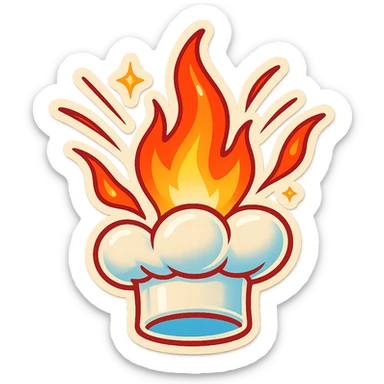 chef's hat explode with trails of fires, emoji, playful, flame red gradient, hat is pure white, vibrant, flame matching style reference file sticker