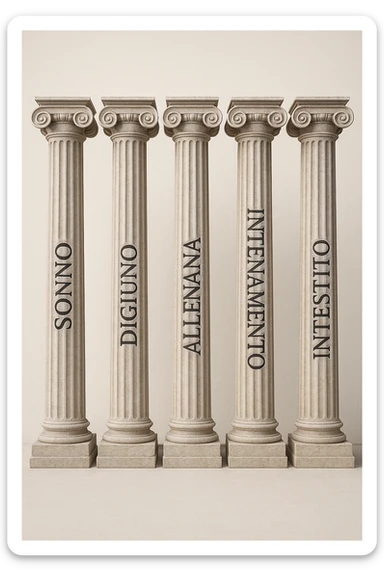 5 pilastri con le scritte "SONNO", "DIGIUNO", "ALLENAMENTO", "INTESTINO", IMMAGINE IPERREALISTICA SFONDO CHIARO IN ITALIANO sticker