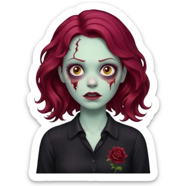 Faça me um emoji de um zumbi mulher de cabelos vermelho borgonha ondulado usando uma blusa preta sticker