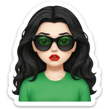 current charli xcx with her long black wavy hair, thick black-out sunglasses that hide her eyes completely, pale skin, pouting closed lips, and a bright green top that said 'brat' in the brat font. sticker