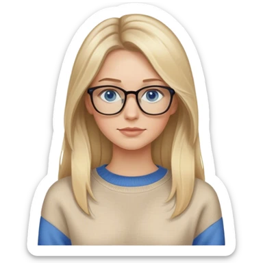 White women, long blonde balayage hair, no smile, beige sweater, blue eyes and glasses  sticker