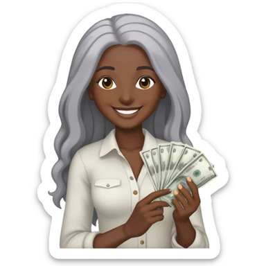 smiling dark black woman with long grey hair holding cash sticker