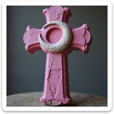 realistic gothic cross, pink with a crescent moon, photorealistic style, no background sticker