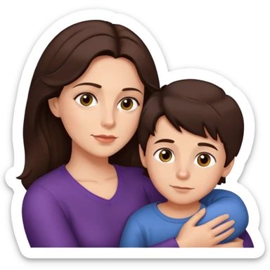 Mother with brunette hair & hazel eyes cuddling her son with dark brunette hair and dark chocolate eyes  sticker