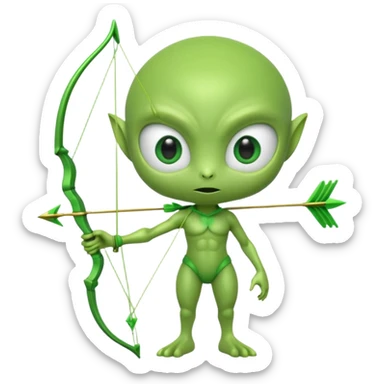 3D emoji-style green alien holding a bow and arrow, glossy texture, smooth skin, large expressive eyes, small humanoid body, minimalist background, soft lighting, Pixar-style rendering, high detail, cute but slightly serious expression, clean centered composition sticker